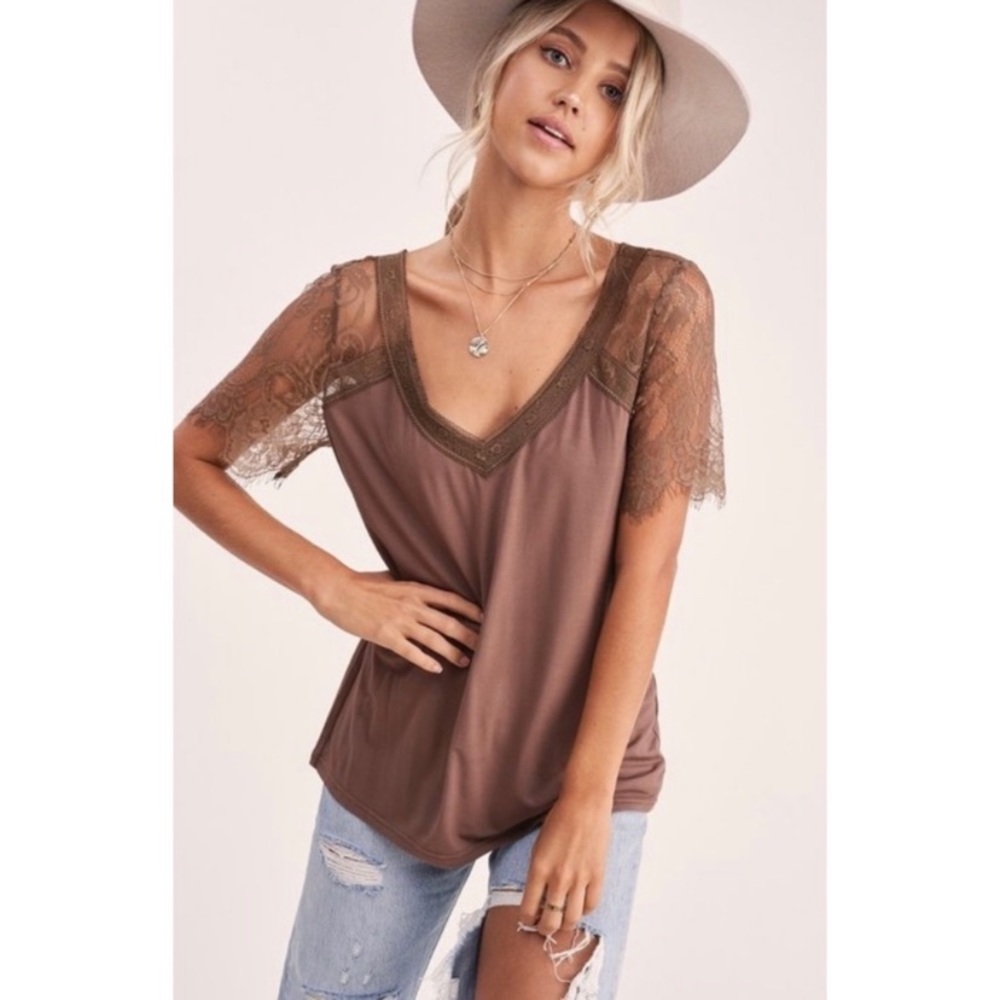 SOLD OUT Mocha Lace Scallop V-Neck Short Sleeve Top - Picture 1 of 3